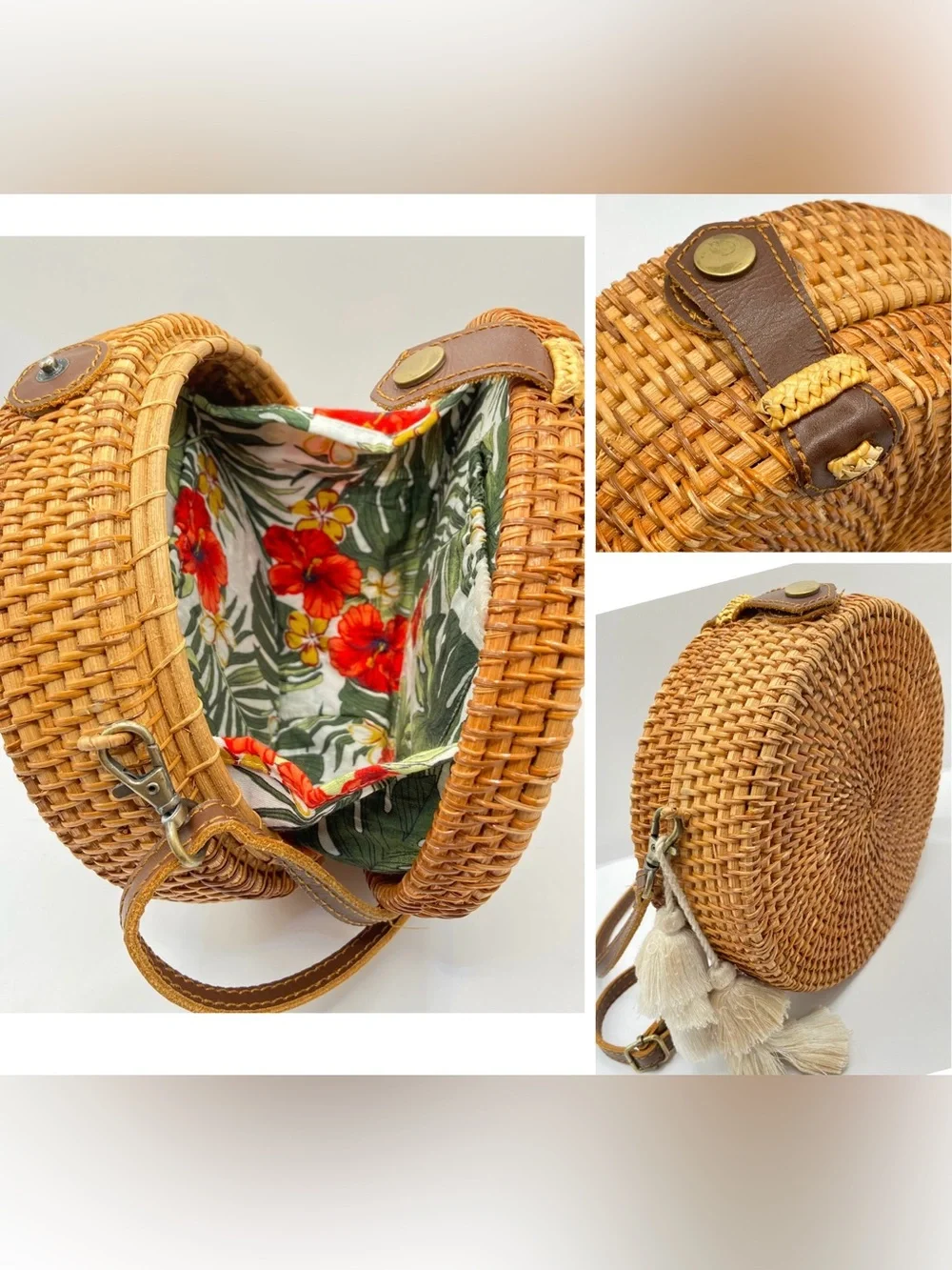 Handmade‎ Woven Round Straw Crossbody Bag with Bali Tropical Lining - Natural